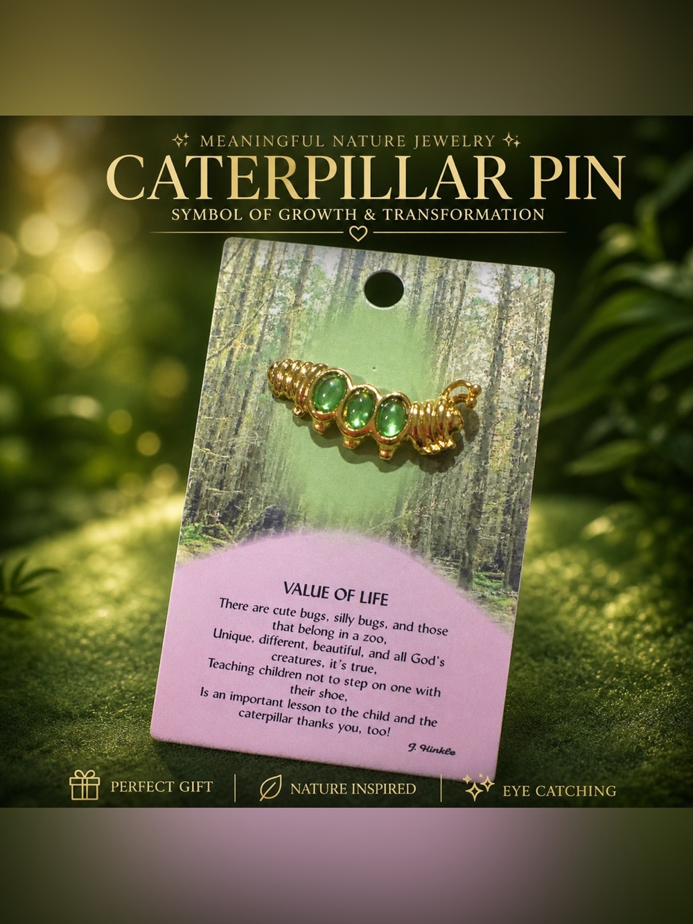 Caterpillar Brooch Pin w/ Meaning Card Green Gold Tone Nature Gift